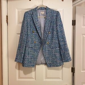 LOFT Tweed Tailored BlueGreen Blazer -Brass Engraved Buttons - Like New - Size 2